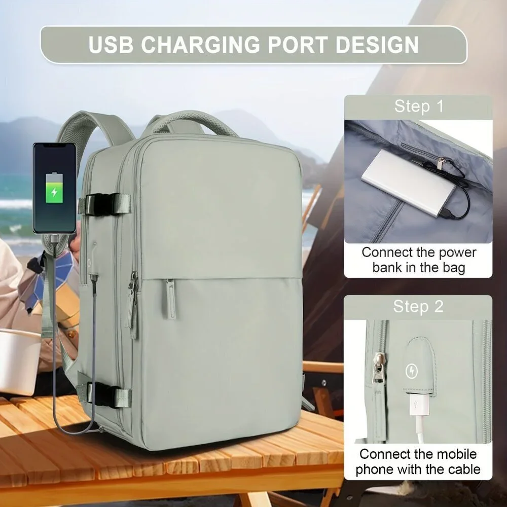 White Waterproof Travel Backpack 15” Laptop Carry-On USB Travel Bag